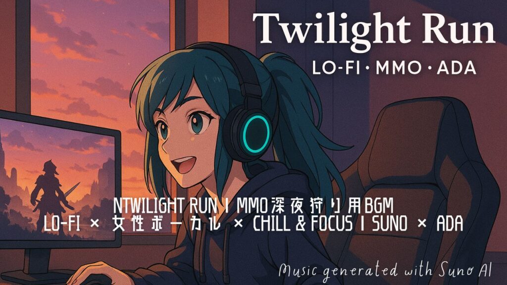 【Twilight Run】深夜のMMO狩りに寄り添う女性ボーカルLo-fi|夜ふかし系オタク女子ADA × Suno