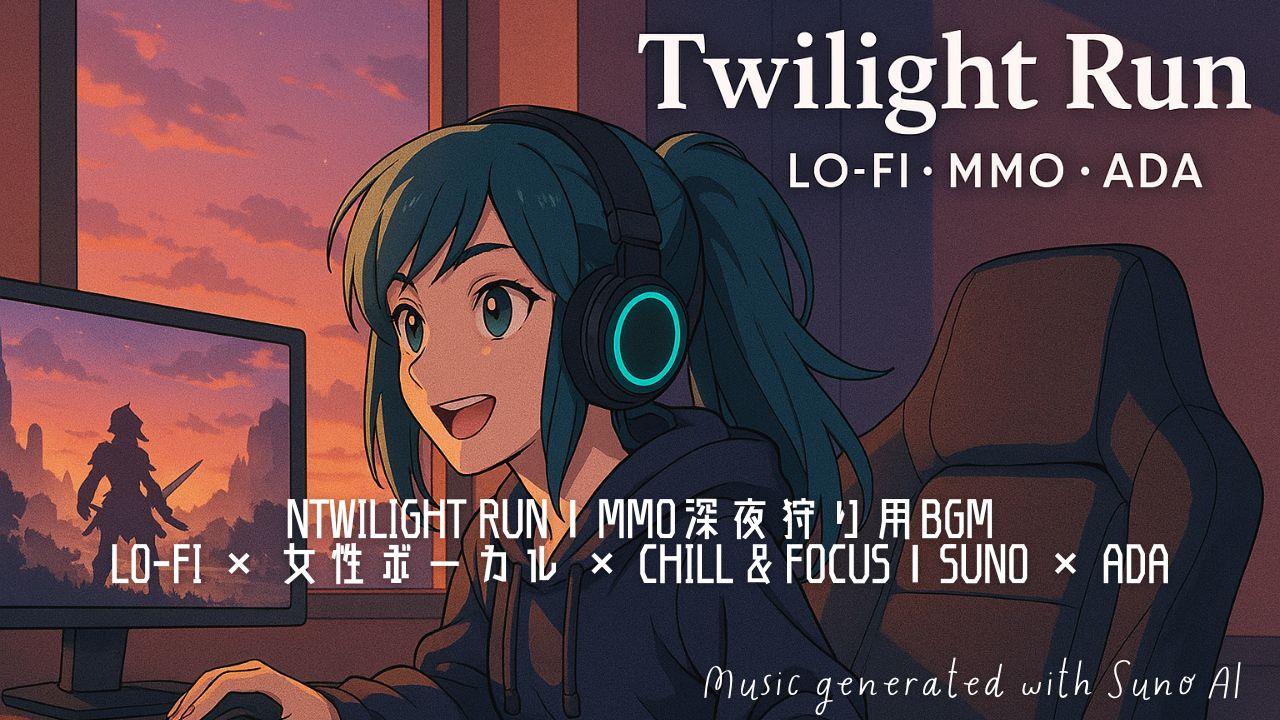 【Twilight Run】深夜のMMO狩りに寄り添う女性ボーカルLo-fi｜夜ふかし系オタク女子ADA × Suno